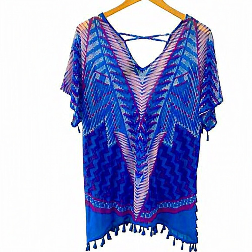 INC International Concepts Blue Geometric Print Tassel Kaftan‎ Cover Up Size L